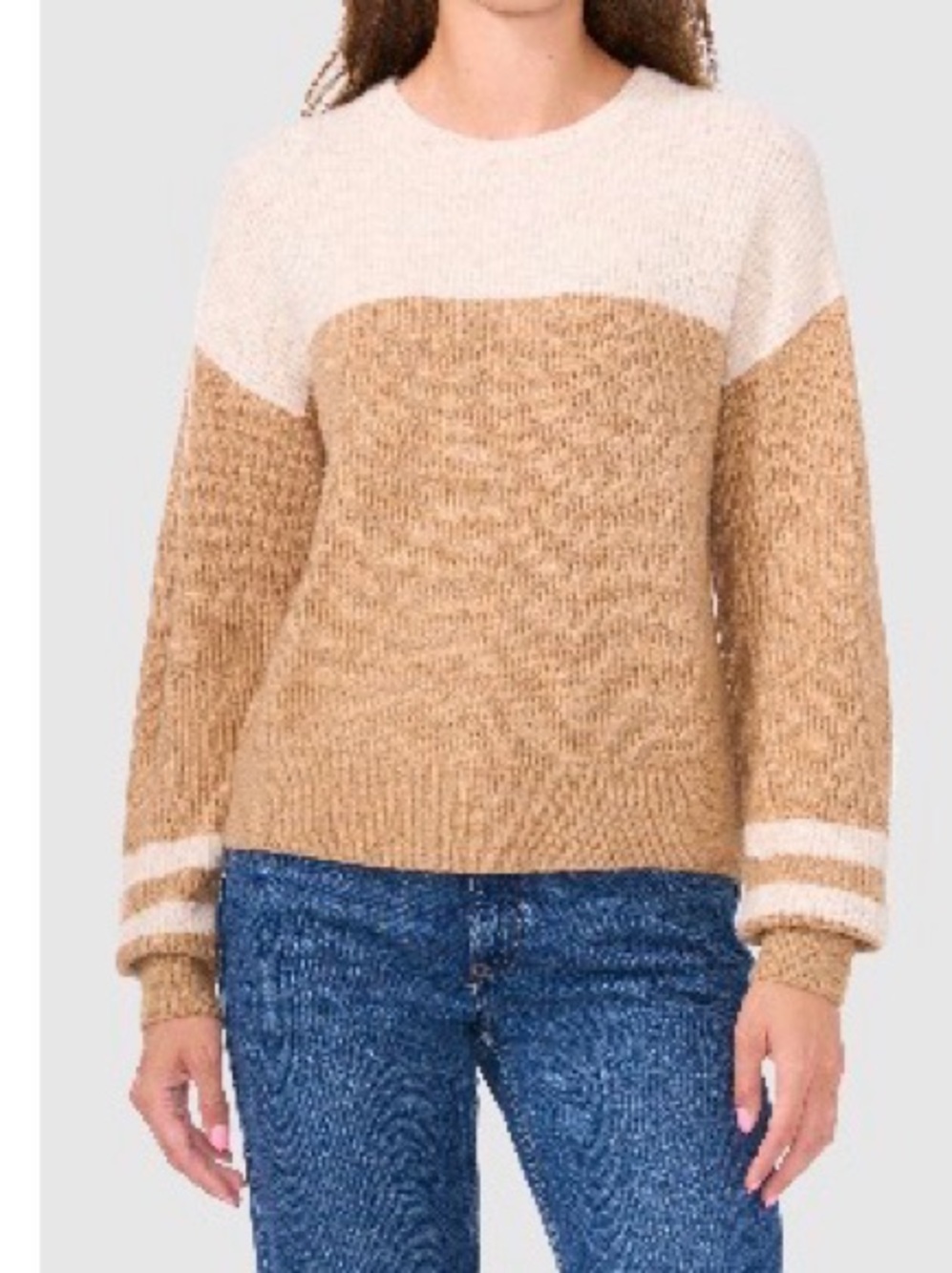Halogen Two-Tone Cream and Tan Crewneck Sweater
